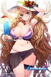 big_breasts bikini blush breasts choker cleavage clothed cowboy_shot heart large_breasts looking_at_viewer navel sarong snowball22 soccer_spirits striped_bikini sweat voluptuous wet