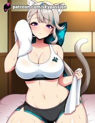 1girls 2025 ai_assisted ai_generated animal_ears animal_hands anime artist_name big_breasts big_chest blurry blurry_background blush breast breasts bust busty cat_ears cat_tail chest cleavage clothed_female collarbone depth_of_field drying eyebrows_visible_through_hair female female_focus female_only fur_trim genshin_impact hi_res high_quality high_resolution highres holding_towel indoors large_breasts light-skinned_female long_hair looking_at_viewer lynette_(genshin_impact) multicolored_hair navel panties patreon patreon_username purple_eyes short_shorts shorts skypassion solo sports_bra sports_shorts sports_uniform sportswear stable_diffusion streaked_hair sweat tail towel underwear watermark