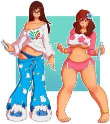 2girls asian asian_female big_breasts bimbo bimbo_body bimbo_lips breasts brown_hair d.va female hourglass_figure hourglass_figured_female huge_breasts looking_down mei_(overwatch) midriff overwatch pajama_pants pajama_shirt pajamas panties pants_down small_shirt thick_thighs underboob wrenzephyr2