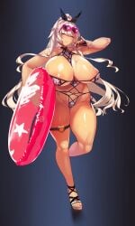 absurdres areola_slip bikini blue_eyes blush bow bracelet breasts copyright_request curvy eyewear_on_head female full_body heart heart-shaped_eyewear high_ponytail highres huge_breasts innertube jewelry large_areolae long_hair looking_at_viewer mole mole_under_mouth navel ponytail pouring pouring_onto_self puffy_nipples shiny_skin side-tie_bikini_bottom silver_hair smile solo standing sunglasses swim_ring swimsuit takamura_wamu thick_thighs thigh_strap thighs very_long_hair wide_hips