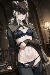 1girls ai_assisted ai_generated black_bra black_panties black_underwear bloodborne bra clothed clothing exposed_underwear female female_focus female_only fromsoftware gothic_clothes green_eyes lady_maria_of_the_astral_clocktower panties room table tricorne underwear undressing video_game_character video_games white_hair