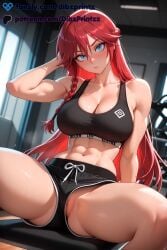 1girls abs ai ai_assisted ai_generated anime artist_name asami_lilith bare_shoulders black_shorts black_sports_bra blue_eyes blush braid breasts cleavage closed_mouth collarbone dibzprintz dolphin_shorts fansly gym hair_between_eyes hi_res high_quality high_resolution highres indoors large_breasts long_hair looking_at_viewer muscular muscular_female navel partially_visible_vulva patreon_username pussy red_hair short_shorts shorts sitting solo sports_bra spread_legs sweat thighs trinity_seven watermark