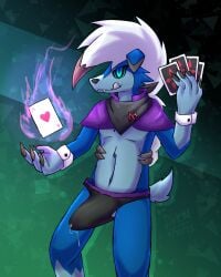 anthro black_briefs black_clothing black_scarf black_underwear blue_body blue_fur briefs bulge card clothing colored_fire darkan_the_lycanroc darkanroc dog_tail emblem erection erection_under_clothing fire fur generation_7_pokemon hi_res lycanroc male midnight_lycanroc nintendo pink_fire playing_card pokemon pokemon_(species) precum_through_briefs purple_waistband scarf shiny_pokemon short_clothing solo suit_symbol tongue tongue_out underwear white_body white_fur