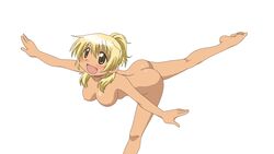 :d ass balancing blonde_hair blush breasts female hidamari_sketch large_breasts legs miyako nipples nude nude_female nude_filter photoshop tan uncensored vector_trace white_background yellow_eyes