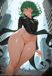 ai_generated black_dress breasts building cleft_of_venus curly_hair dress female from_below green_eyes green_hair high_resolution highres long_sleeves nimybotai no_panties one-punch_man outdoors pussy rubble shiny shiny_skin short_hair small_breasts solo stable_diffusion tatsumaki thick_thighs thighs twitter_username uncensored wide_hips wind wind_lift
