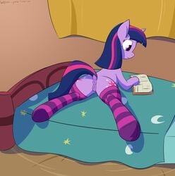 2016 anus bed book clothed clothing cutie_mark edit equine female feral friendship_is_magic hair horn inside legwear lying mammal multicolored_hair my_little_pony on_bed on_front purple_eyes pussy reading smile socks solo twilight_sparkle_(mlp) unicorn wenni zippysqrl