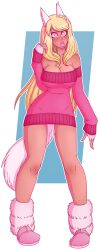 big_breasts bimbo bimbo_lips blonde_hair breasts cat_ears cat_girl cat_tail catgirl female final_fantasy final_fantasy_xiv heart-shaped_pupils miqo'te pink_eyes sweater wrenzephyr2