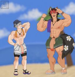 2boys abs alternate_costume animal_ears armpits background balls bangs bara bare_pectorals biceps big_arms black_hair blush eyewear flaccid flexing full_body green_eyes green_shorts happy hat head jewelry komano_manato large_pectorals large_penis male male_focus male_only male_swimwear medium_hair multicolored_hair multiple_boys muscular muscular_male navel necklace nipples official_alternate_costume open_clothes pale_skin pectorals penis pose public_indecency red_hair sandals scar scar_on_chest short_hair shorts sideburns size_difference smile stomach sunglasses sunglasses_on_head swim_briefs swim_trunks tail testicles thick_thighs thighs toned topless uncensored underwear veins veiny_penis white_shorts wise_(peaceful_waves)_(zenless_zone_zero) wise_(zenless_zone_zero) wolf_ears yaoi yaotashi zenless_zone_zero