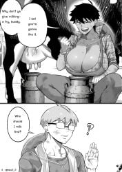 1boy 1girls 2koma aunt aunt_and_nephew big_breasts bovine breasts breasts_bigger_than_head bursting_breasts cleavage clothed dark-skinned_female dark_skin dirty_face english_text farm farmgirl female gloves huge_breasts implied_incest jeans large_breasts male mature_female milk_container mole mole_on_breast mole_under_eye monochrome nesz original pixie_cut speech_bubble squatting text tomboy tomboy_milf