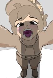 1girls black_eyes brown_hair cardigan cum_in_mouth deltarune looking_at_viewer looking_up mouth_shot open_mouth penis penis_shadow real_person scarf temmie_(undertale) temmie_chang undertale undertale_(series) white_background yellowfaith youtube youtuber