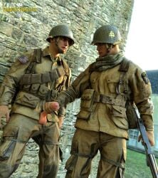 army caught_masturbating erection exhibitionism gay gay_male gay_sex handjob male medal_of_honor_airborne military outdoors soldier soldiers tommys_eagle_hq uniform ww2