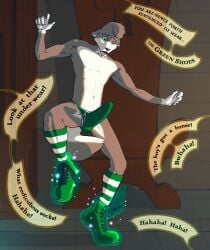 5_fingers ambiguous_gender animate_inanimate anthro balls body_control brick_wall briefs bulge bullying canid canine canis chair clothed clothing clover_(plant) clover_leaf courtroom crisp_the_wolf cursed_object erection erection_under_clothing fingers footwear forced forced_exposure fur furniture genitals glowing glowing_clothing green_briefs green_clothing green_eyes green_footwear green_shoes green_underwear grey_body grey_fur group hi_res humiliation humiliation_fetish laugh leaf legwear looking_down magic male mammal muscular open_mouth out_of_frame partially_clothed pattern_clothing pattern_legwear plant podium public public_humiliation raised_arms raised_leg shoe_fetish shoelaces shoes socks sparkles speech_bubble stone_floor striped_clothing striped_legwear stripes tap_dancing tap_shoes teasing text thrasian throne underwear wall_(structure) white_body white_fur wolf