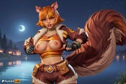 1girls ai_generated animal_ears artist_name belt black_gloves breasts breasts_out brown_hair brown_shorts choker cowboy_shot crescent_moon crop_top female fingerless_gloves flashing fur-trimmed_jacket fur-trimmed_shorts fur_trim gloves green_eyes hi_res jacket large_tail lips looking_at_viewer marvel marvel_rivals medium_breasts midriff moon multicolored_hair navel night nipples no_bra open_clothes open_jacket orange_hair outdoors parted_lips rule34lab short_hair short_shorts shorts smile solo squirrel_ears squirrel_girl squirrel_girl_(marvel) squirrel_girl_(marvel_rivals) squirrel_tail streaked_hair tail teeth water