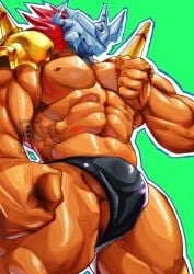 2025 abs anthro armor balls bandai_namco barazoku biceps big_muscles big_pecs bulge clothed clothing digimon digimon_(species) digital_drawing_(artwork) digital_media_(artwork) dragon fist fuyifuji genitals green_background hair hand_on_chest headgear headgear_only helmet helmet_only hi_res male manly mostly_nude_anthro muscular muscular_anthro muscular_arms muscular_male muscular_thighs mythological_creature mythological_scalie mythology nipples orange_body pecs penis portrait red_hair scalie sholder_pads simple_background solo standing thong thong_only topless topless_anthro topless_male underwear underwear_only undressed wargreymon wargreymon_x x-digimon