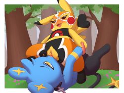 2025 4:3 absurd_res blush clothing cosplay_pikachu_(costume) cunnilingus dominant dominant_female erection female forced forced_oral generation_4_pokemon genitals grass hi_res katsurou licking male mask nintendo nude open_mouth oral outside penis pikachu_libre pinned plant pokemon pokemon_(species) pussy sex shinx smile spread_legs spreading tapering_penis tongue tree vaginal_penetration vulva