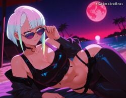 1girl 1girls 2026 adjusting_eyewear ai_generated artist_name bare_shoulders beach black_jacket black_pants blurry breasts choker cleavage closed_mouth collarbone crop_top cropped_jacket cyberpunk cyberpunk:_edgerunners cyberpunk_2077 cyborg full_moon gradient_hair green_eyes green_hair grimoireeros highleg hip_vent jacket large_breasts long_sleeves looking_at_viewer looking_over_eyewear lucyna_kushinada lying makeup midriff moon multicolored_eyes multicolored_hair navel night night_sky off_shoulder on_side open_clothes open_jacket outdoors palm_tree pants patreon_logo patreon_username purple-tinted_eyewear red_moon short_hair sky smile solo star_(sky) starry_sky stomach sunglasses tagme tinted_eyewear tree umbrella water white_hair