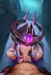 -_-abc 1boy 1girls ai_generated bed bedroom female gem glowing_eyes head_tilt headgear kayn league_of_legends male male_pov night on_knees penis penis_in_mouth pov purple_eyes sucking sucking_penis syndra tagme white_hair