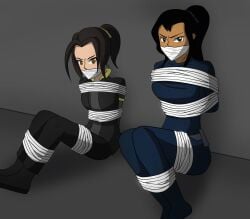 2girls black_hair blue_jacket bondage bound dark-skinned_female female gag gagged glaring high_ponytail jackie_chan_adventures jade_chan looking_at_viewer open_jacket viper_(jackie_chan_adventures)