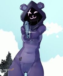 animal_genitalia anthro bear breasts epic_games female fluffy_ears fortnite fur genital_slit genitals gun hi_res hood humanoid mammal mellow_hops nude outside pubes purple_body purple_fur ranged_weapon raven_team_leader smile solo tattoo thick_thighs weapon