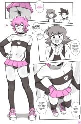 1girls 2boys armwear balls balls_in_panties black_hair choker comic comic_page dialogue dross female femboy jacob_(dross) light-skinned_male light_skin male pink_hair pink_skirt roxanne_(dross) tagme taylor_(dross) text thighhighs underwear upskirt