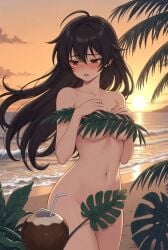1girl beach blush completely_nude convenient_censoring embarrassed embarrassed_nude_female humiliation long_hair outdoors public