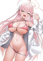 absurdres ahoge bikini bikini_bottom_lift blue_archive blush bow braid breasts collarbone collared_shirt female green_eyes groin hairbow halo hanako_(blue_archive) hanako_(swimsuit)_(blue_archive) highres large_breasts long_hair long_sleeves looking_at_viewer make-up_work_club_(blue_archive) navel open_clothes open_mouth open_shirt pink_hair pink_halo red_bikini shirt shuvi_(shuvi1125) simple_background smile solo stomach swimsuit thighs trinity_general_school_student w white_background white_bow white_shirt