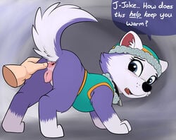 anatomically_correct anatomically_correct_pussy animal_genitalia animal_pussy anus ass_up blue_eyes blue_fur blush canine canine canine_pussy clothed clothing dialogue disembodied_hand english_text everest_(paw_patrol) female fur hi_res human husky inner_ear_fluff looking_back mammal multicolored_fur paw_patrol pussy smitty_g spread_anus spreading text two_tone_fur white_fur