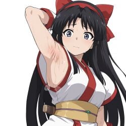 1girls ainu_clothes arm_behind_head armpit_focus armpits black_hair breasts female hair_ribbon highres king_of_fighters long_hair medium_breasts nakoruru purple_eyes ribbon samurai_shodown sexy sexy_armpits sexy_pose smell snk solo sweat very_long_hair voluptuous weapon