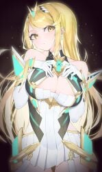 1girls black_background blonde_hair blush breasts cleavage_cutout closed_mouth clothing_cutout commentary_request core_crystal_(xenoblade) earrings eyelashes female gloves highres jewelry large_breasts long_hair mythra mythra_(xenoblade) rindoriko solo standing star_(symbol) star_earrings swept_bangs tiara white_gloves xenoblade_(series) xenoblade_chronicles_(series) xenoblade_chronicles_2 yellow_eyes