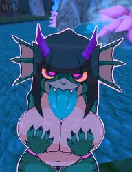 anthro atlyss bangs big_breasts breasts chubby chubby_anthro chubby_belly chubby_female covered_nipples covering_breasts fangs female female_only fish fish_girl functionally_nude functionally_nude_female furry furry_female furry_only green_skin horns imp_(atlyss) oiled shiny_skin short_hair shortstack shortstack_female snowycity tongue tongue_out underwear video_game_character wide_hips