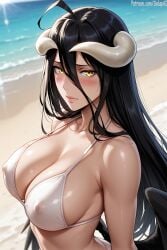 1girls ai_generated albedo_(overlord) big_breasts bikini bikini_top black_hair blush breasts female female female_only horns long_hair looking_at_viewer nipples_visible_through_clothing overlord_(maruyama) patreon salupai shy solo solo_female uncensored upper_body watermark wings yellow_eyes