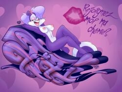 4:3 absurd_res accessory anthro bow_(feature) bow_accessory bow_ribbon female fifi_la_fume french_text fur hair_accessory hair_ribbon hairbow heart hi_res kiss_mark looking_at_viewer mammal mephitid minxydoodle nipples nude open_mouth purple_body purple_fur purple_hair ribbons skunk solo text tiny_toon_adventures translated translucent translucent_hair warner_brothers white_body white_fur