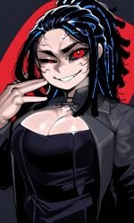 1girls ;d ai_generated breasts character_name cleavage coat colored_sclera dreadlocks female female_focus krekk0v_(ai_style) long_hair medium_breasts random_(umiko) red_eyes smile solo toni_(oc) two-tone_background upper_body