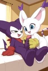 ai_generated anguirus12345 barely_visible_genitalia barely_visible_pussy digimon digimon_(species) female gatomon genitals gloves handjob humanoid_penis impmon open_mouth penis pussy smile tailmon