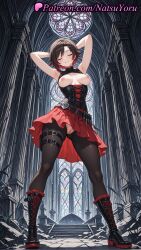 1girls 2025 ai_generated armpit armpits arms_behind_head arms_up ass_visible_through_thighs belt black_belt black_footwear black_hair black_pantyhose boots breasts breasts_out closed_eyes corset cross-laced_footwear facing_viewer female full_body hi_res highres knee_boots medium_breasts natsuyoru nipples no_panties pantyhose patreon pussy red_hair red_skirt ruby_rose rwby rwby_ice_queendom short_hair skirt smile solo stained_glass standing torn_clothes vagina voluptuous voluptuous_female