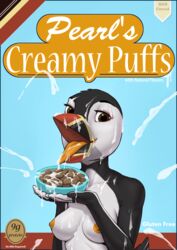 2017 anthro avian beak bird bowl breasts bukkake cereal cum cum_in_mouth cum_inside cum_on_face cum_on_food drinking drinking_cum english_text excessive_cum female food gewitter looking_at_viewer nipples nude open_mouth pearl_(boolean) puffin simple_background smile solo spoon text tongue tongue_out