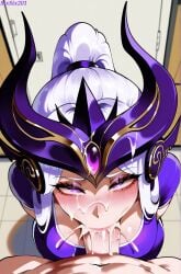 ai_generated blowjob cum cum_in_mouth cum_on_face deepthroat ejaculation headgear headwear league_of_legends oral oral_sex penis penis_in_mouth riot_games semen sixsix201 syndra tagme white_hair
