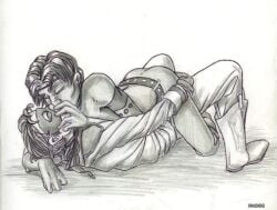 2boys belt blush boots closed_eyes earrings full_body gay gloves graphite_(medium) greyscale jewelry kissing kneeling lying male male_focus monochrome multiple_boys on_back shadow tears traditional_media yaoi