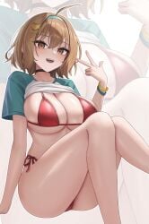 1girls :d anis_(nikke) armband ass big_breasts bikini blush breasts brown_eyes brown_hair choker cosplay female goddess_of_victory:_nikke hair_between_eyes hair_ornament hairband large_ass large_breasts light-skinned_female light_skin looking_at_viewer raised_knee rapi_(red_hood)_(red_flavor)_(nikke) rapi_(red_hood)_(red_flavor)_(nikke)_(cosplay) red_bikini shirt shirt_rolled_up short_hair sitting smile subob_(subobdesu) thick_thighs thighs upper_teeth w wide_hips