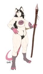 absurd_res american_opossum anthro areola armpit_hair athosvds big_areola big_breasts body_hair breasts claws female hair hi_res long_hair mammal marsupial melee_weapon piercing polearm pubes solo spear strong_female tail toe_claws venny_nykopp weapon