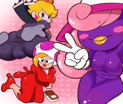 3girls absurdres anus blonde_hair breasts crown dress earrings eyeshadow female formal_clothes ghost glasses gloves hat heart heart_print high_heels highres jewelry jolene_(paper_mario) large_breasts lipstick long_hair looking_at_viewer makeup mario_(series) multiple_girls nintendo paper_mario paper_mario:_the_thousand-year_door pepperoni_ravioli pink_background pink_hair princess_peach red_lips shadow_queen skirt smile spread_anus spread_anus_under_clothes suit toad_(mario) v vivian_(paper_mario) witch_hat yellow_lips