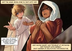 1boy 1girls 2d 2d_(artwork) archangel archangel_gabriel bible breasts christianity clothed clothed_female clothed_male clothing comic comic_panel dialogue english english_dialogue english_text female head_scarf headscarf hijab huge_breasts male smaller_male text text_box text_bubble virgin virgin_mary