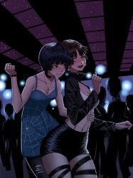2girls absurdres age_difference bare_shoulders black_hair black_jacket black_shorts blunt_bangs blush bracelet breasts brown_hair chaosoded choker cleavage commission cowboy_shot crop_top dancing dress earrings female green_dress hand_on_another's_waist highres indoors jacket jewelry looking_at_another makoto_niijima medium_breasts midriff multiple_girls navel necklace oerba_yun_fang one_eye_closed open_clothes open_jacket open_mouth panda_earrings pantyhose parted_lips people persona persona_5 print_dress short_hair shorts smile spider_web_print tae_takemi tank_top torn_clothes torn_pantyhose white_tank_top yuri