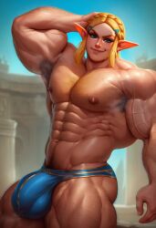 1boy abs ai_generated alternate_body_type ambiguous_gender ambush_(trap) arm_behind_head arm_hair arm_veins armpit_hair bara barechested biceps blonde_hair blue_eyes boy braid braided_hair breasts bulge bulge_through_clothing chest_hair civitai club_shaped_penis day feet_out_of_frame genderswap_(ftm) hair_ornament hairclip hairy hairy_armpits hairy_arms hairy_chest hairy_legs hyper_pecs large_pectorals leg_hair long_hair looking_at_viewer male male_focus male_swimwear man_nipples masculine_male muscles muscular muscular_chest muscular_male navel navel_hair nintendo nipples outdoors outside pecs pecs_focus pectorals penis pointy_ears presenting_armpit princess_zelda pubic_hair pubic_hair_peek rule_63 sewoh26 shirtless_male side_view smile solo solo_focus steaming_body the_legend_of_zelda thick_arms thick_eyebrows thick_thighs thighs topless topless_male underwear veins yaoi