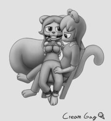 2girls anthro arms_behind_back ball_gag bondage clary_(creamgag) creamgag feline female femdom femsub gag gagged grace_(creamgag) lying mammal medium_breasts medium_hair monochrome multiple_girls on_back pants procyonid rope shirt sitting small_breasts squirrel yuri