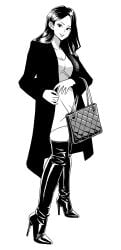 1female 1girls adult adult_female asian asian_female asian_girl black_and_white boot_fetish boots breasts brunette_hair chest clothes coat curvaceous curvy curvy_body curvy_female curvy_figure curvy_hips enkaboots fall_clothes fashion female female_focus female_only gloves handbag high_heel_boots high_heels knee_boots kneehigh_boots leather leather_boots leather_clothing long_coat long_legs looking_at_viewer milf monochrome not-porn not_porn original original_character original_characters peacoat safe safe-for-work safe_for_work sfw smiling smiling_at_viewer tall_boots thigh_boots thigh_highs thighhigh_boots thighhighs thighs tight_dress