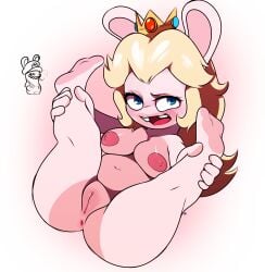 absurd_res alexc anthro anus areola blonde_hair blue_eyes breasts crossover crown eyelashes feet female fur genitals hair headgear hi_res lagomorph leporid long_hair looking_at_viewer lying mammal mario_bros mario_plus_rabbids_kingdom_battle navel nintendo nipples nude on_back open_mouth pink_areola pink_body pink_fur pink_nipples pussy rabbid rabbid_mario rabbid_peach rabbit raving_rabbids rayman_(series) simple_background solo spread_legs spreading thick_thighs ubisoft vulva white_background white_body white_fur wide_hips