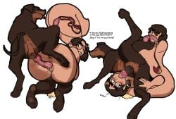 ass balls bodily_fluids brown_body brown_fur brown_hair canid canine canis dolecat domestic_dog duo female feral fur genital_fluids hair hi_res human kat_(dolecat) knot male male/female mammal oral penetration penis pussy urine vaginal_penetration zoophilia