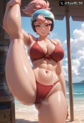 1girls ai_generated beach brawl_stars excited female janet_(brawl_stars) red_swimsuit solo twine white_skin