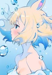 bangs bare_shoulders blonde_hair blue_background blue_eyes blush bubble closed_mouth eyebrows_visible_through_hair female from_side multicolored_hair profile solo sparkle vyugen yenko yenkoes